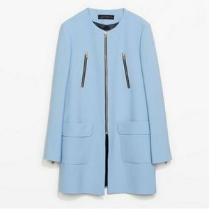 USED ZARA Woman Pale Sky Blue Zippered Long Peacoat Jacket Lined Blazer